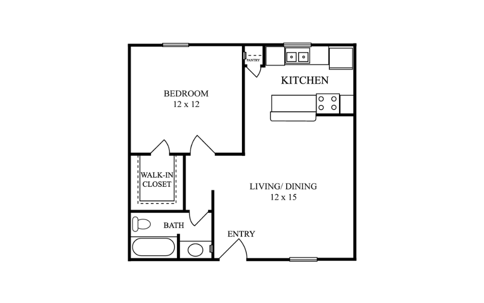 1B1B - 1 bedroom floorplan layout with 1 bath and 603 to 747 square feet.