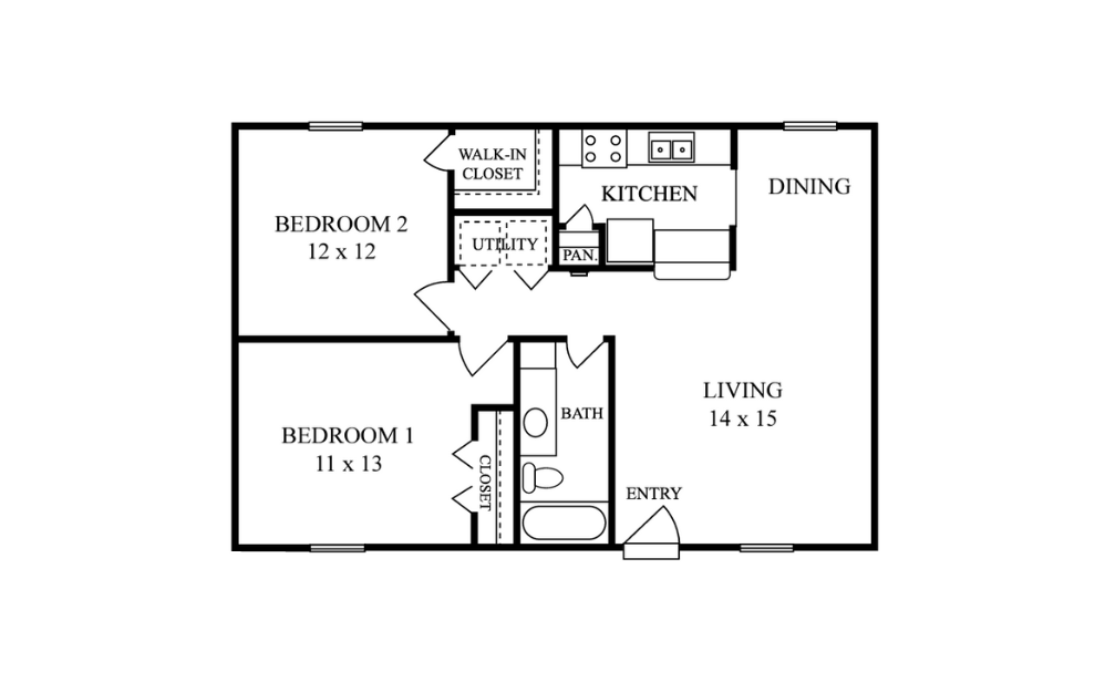 2B1B - 2 bedroom floorplan layout with 1 bath and 735 to 871 square feet.