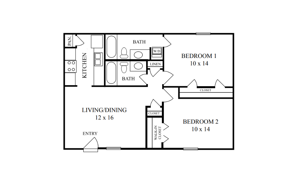 2B2B - 2 bedroom floorplan layout with 2 baths and 843 to 1002 square feet.
