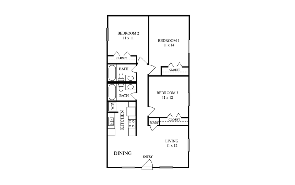 3B2B - 3 bedroom floorplan layout with 2 baths and 1080 to 1096 square feet.